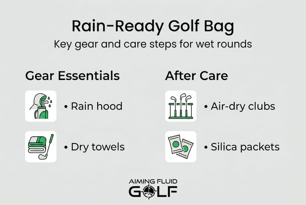 Infographic with illustrated rain golf bag essentials