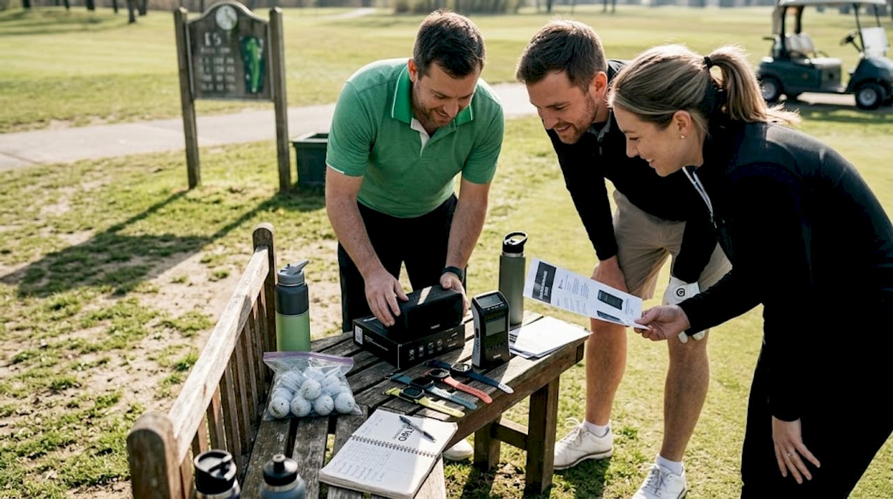 Golfers reviewing tech prize display
