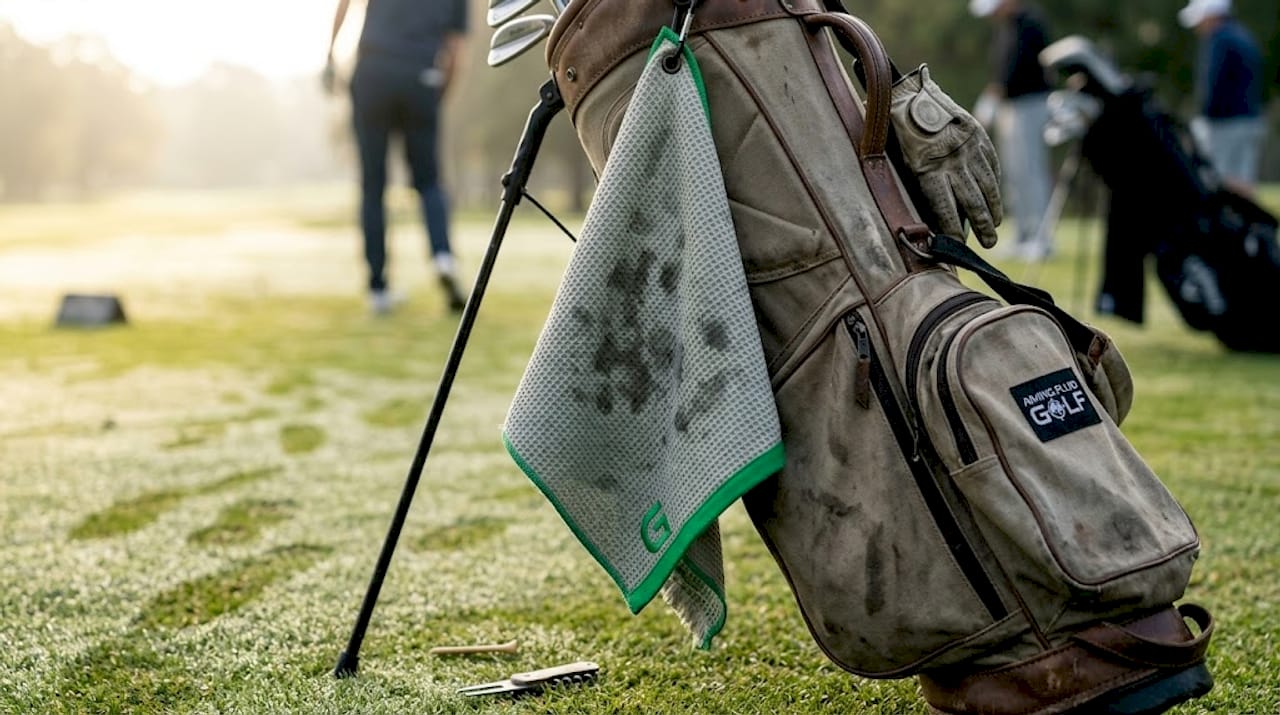 Microfiber golf towel clipped to bag