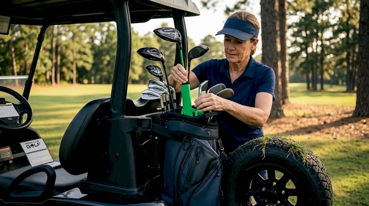 Woman arranging woods in top golf bag dividers