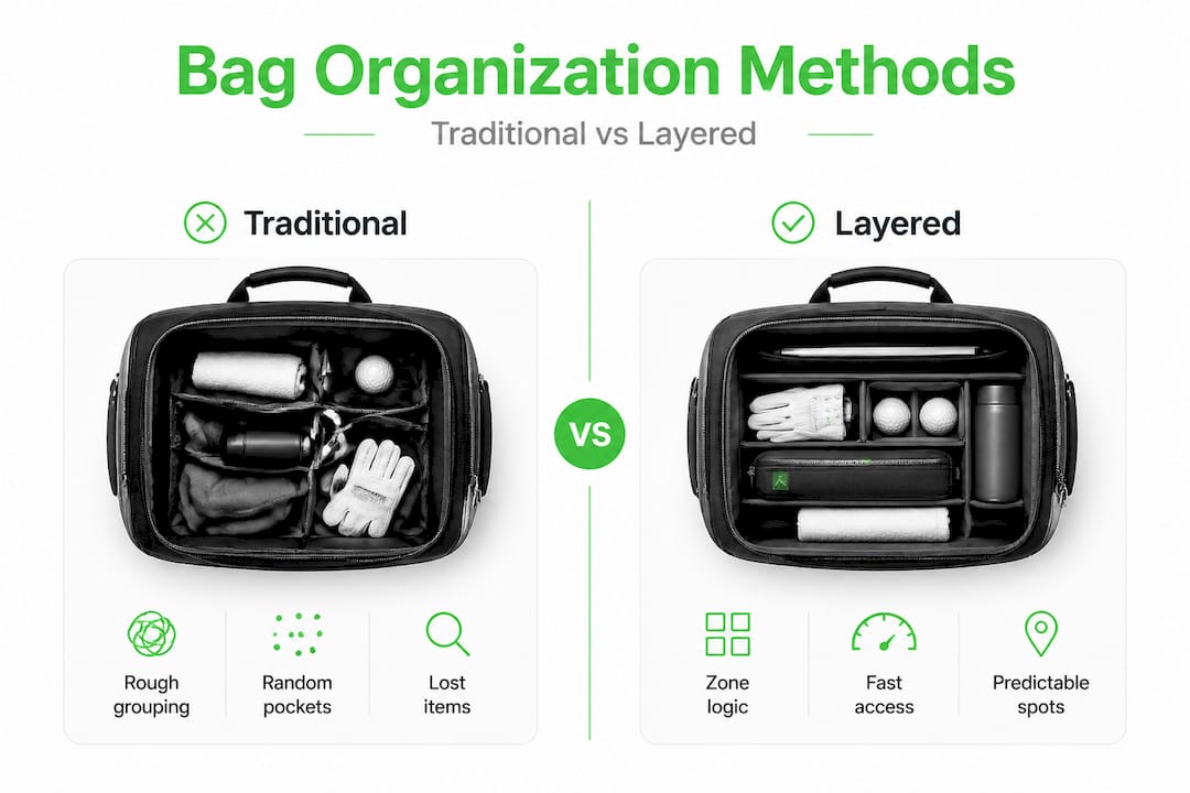 Split infographic comparing traditional and layered golf bag methods