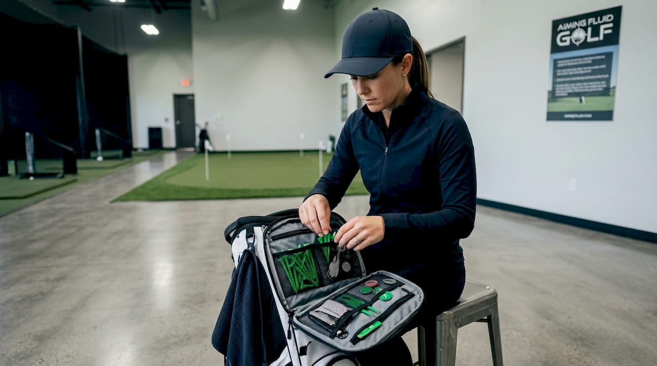 Golfer sorting golf accessories for play