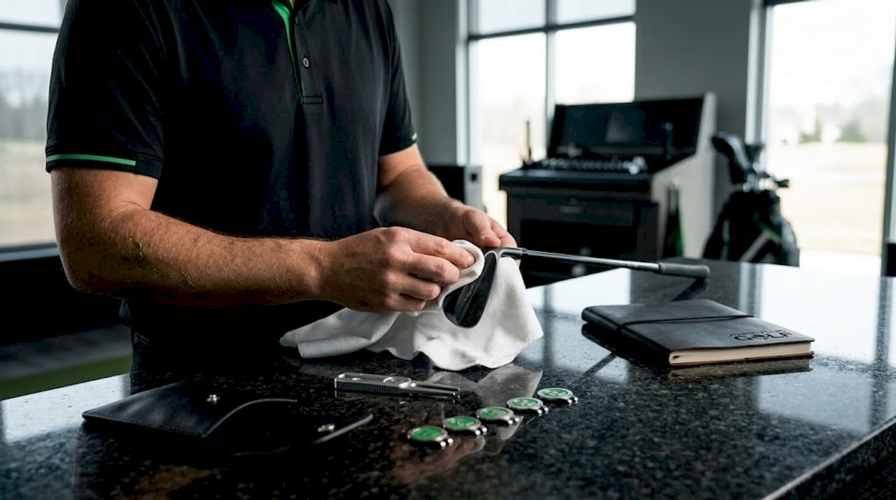 Hands cleaning golf club with towel