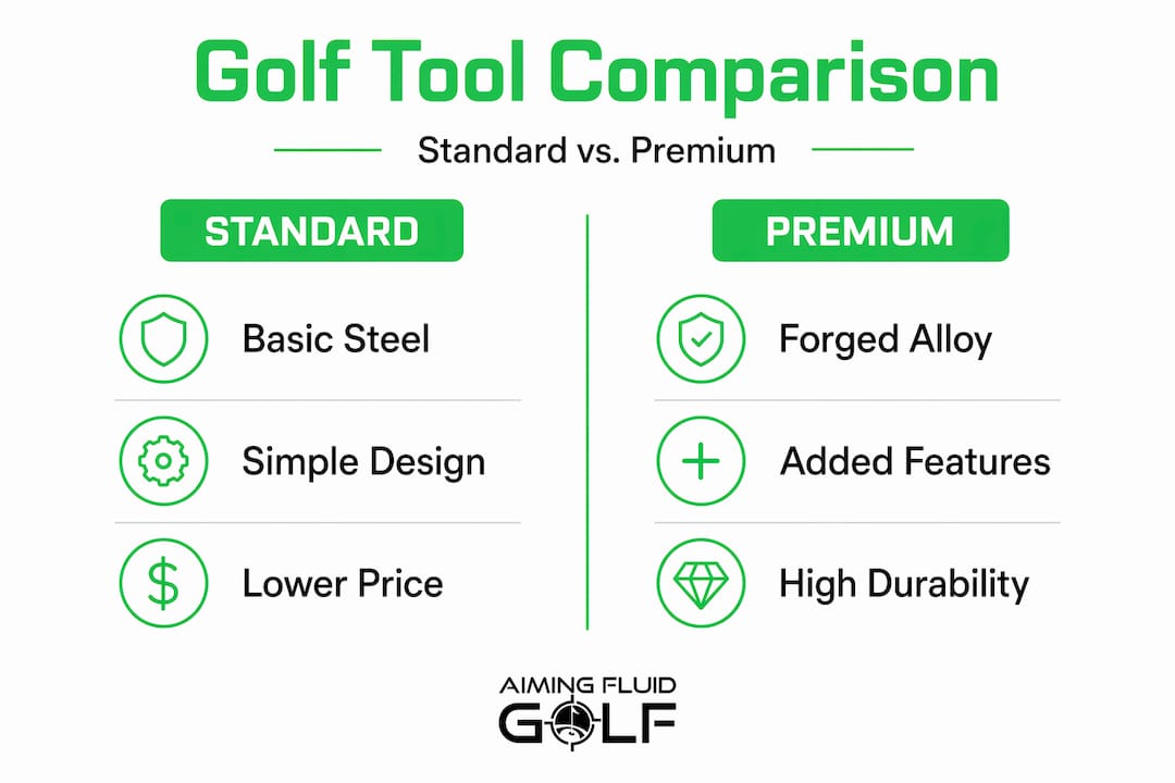 Split infographic comparing standard and premium golf tools