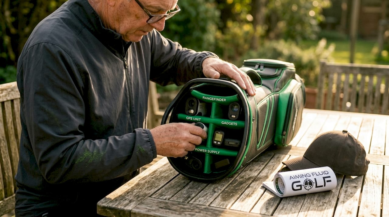 Organizing smart golf bag with gadgets outdoors