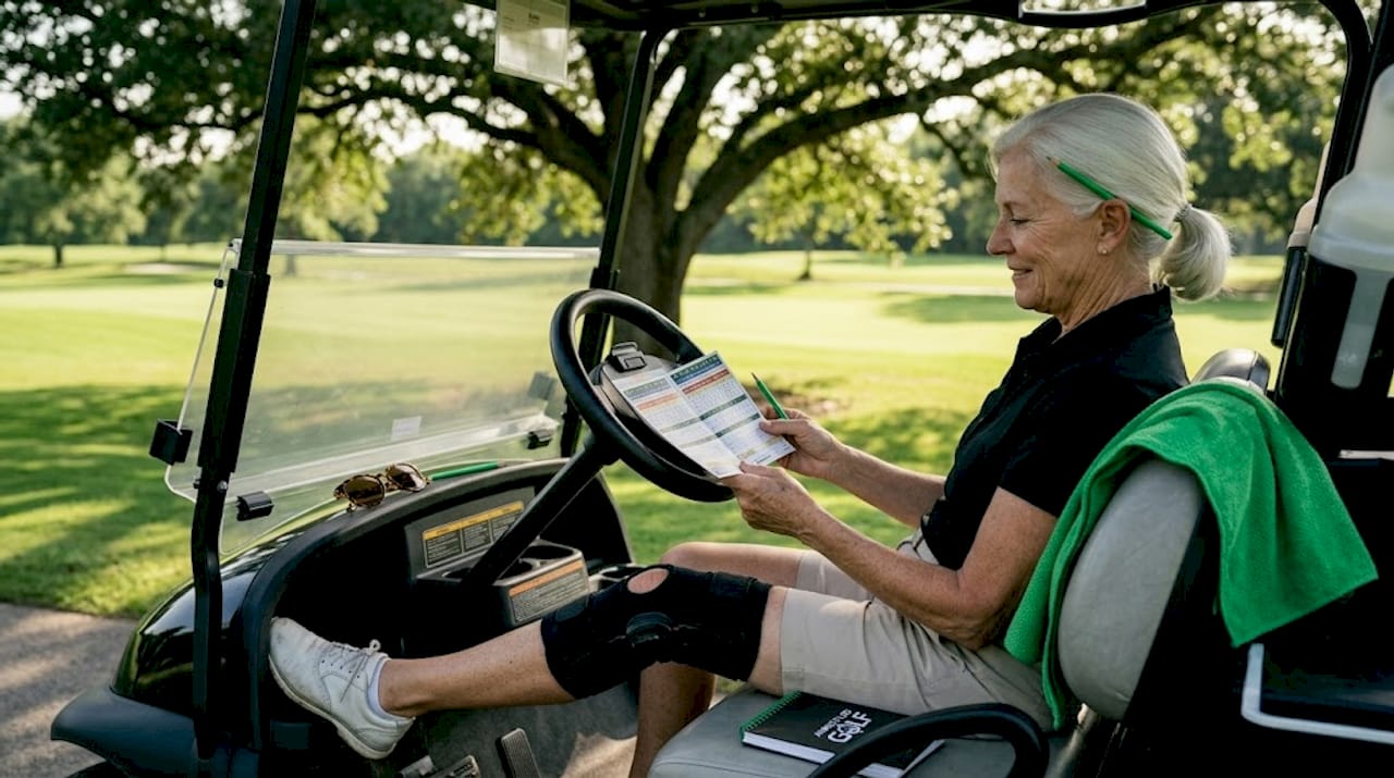 Senior golfer using golf cart with brace