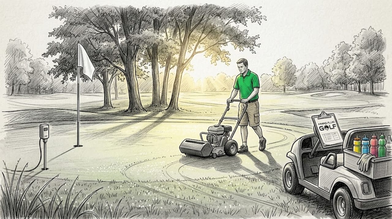 Groundskeeper mowing green at dawn