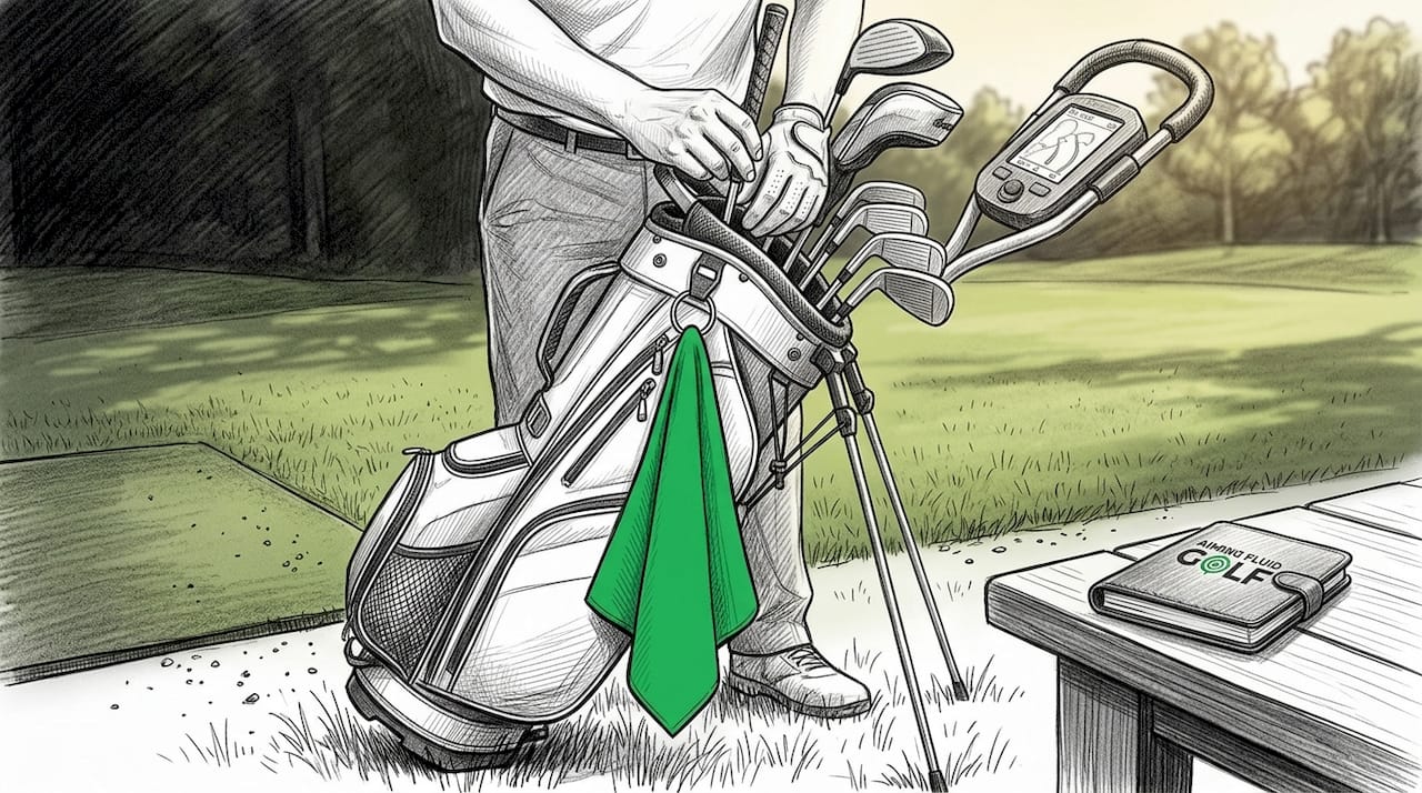 Golfer organizing golf bag on course in sunlight