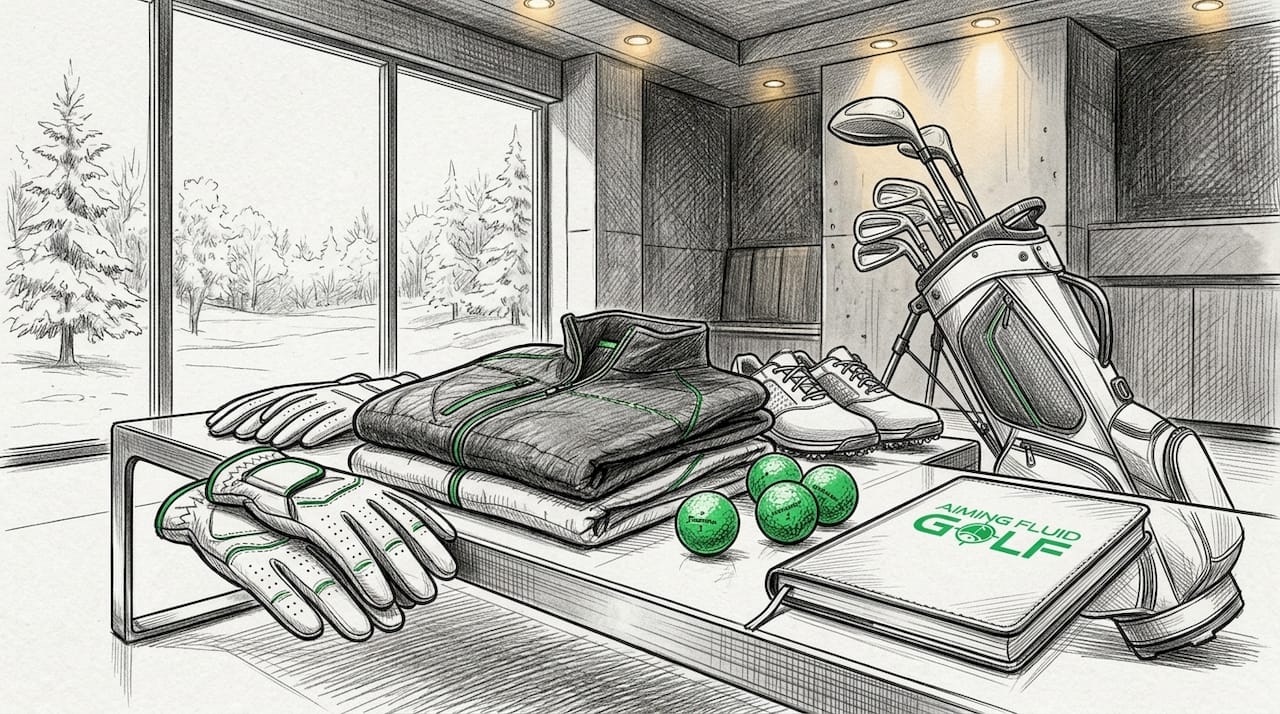 Cold weather golf gear arranged on bench outdoors