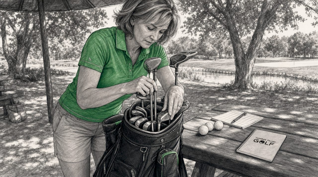 Golfer organizing clubs in golf bag outdoors