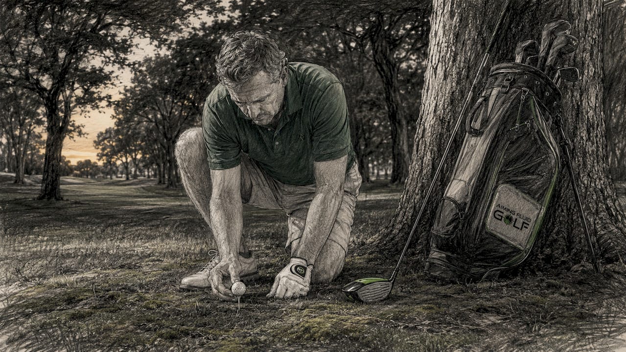Golfer adjusting tee height at tee box