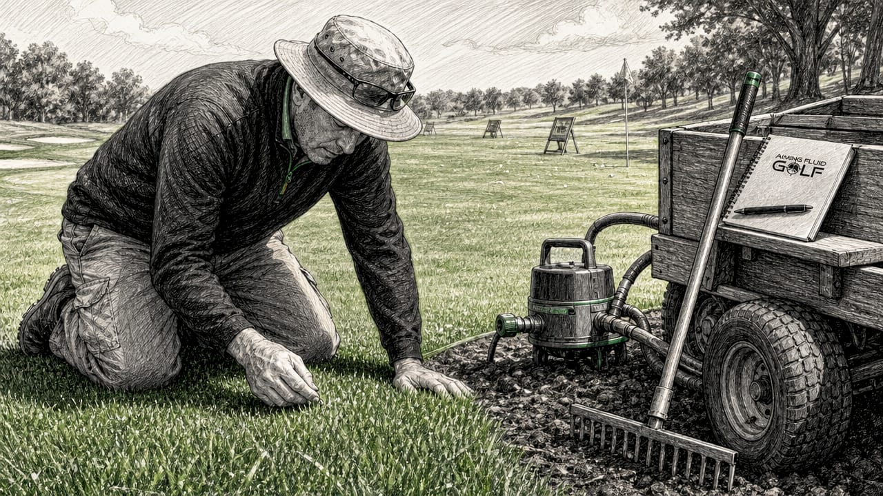 Golf course superintendent inspecting greens