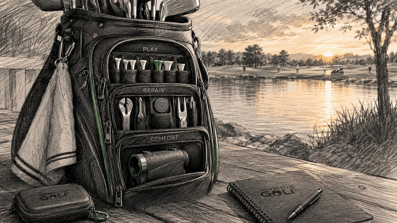 Organized golf bag with accessories on course