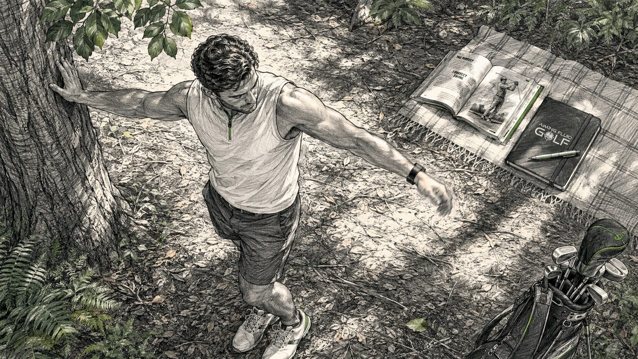 Golfer doing dynamic leg swings warmup