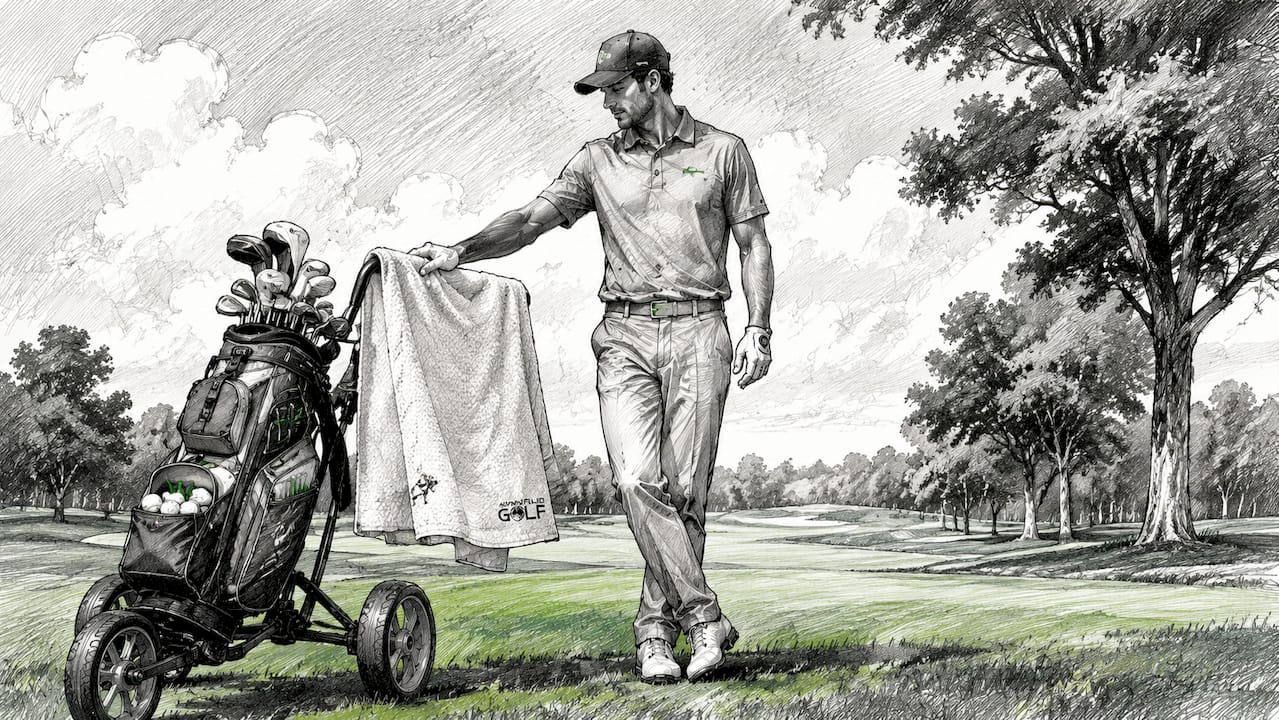 Golfer draping towel over golf bag