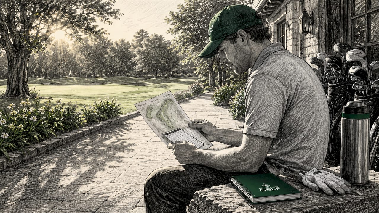 Golfer reviewing course map outdoors near tee