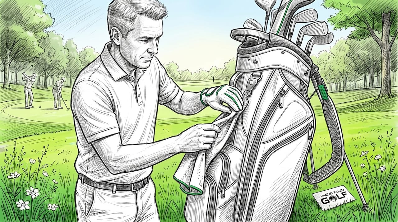 Golfer attaching magnetic towel to bag outdoors