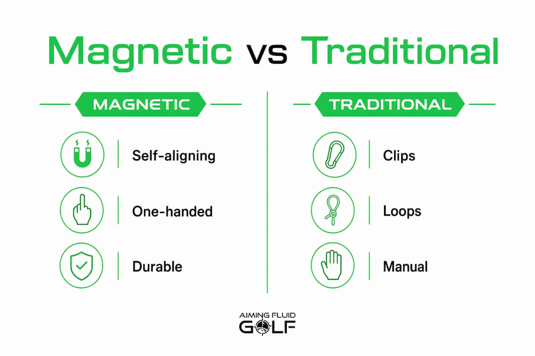 Infographic comparing magnetic and traditional golf accessories