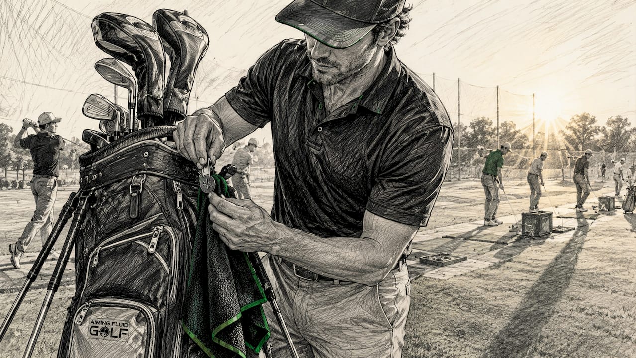 Golfer attaching a magnetic towel to golf bag