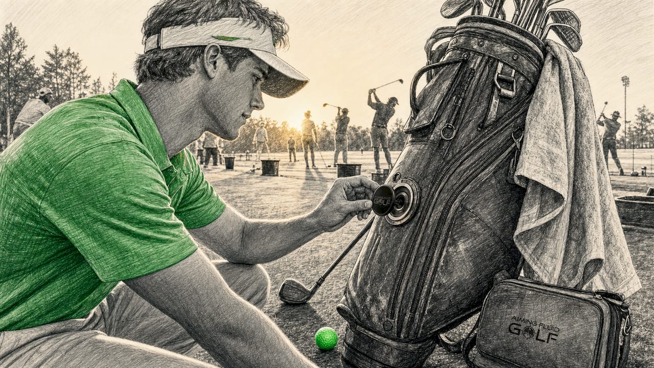Golfer attaching magnetic accessory to golf bag