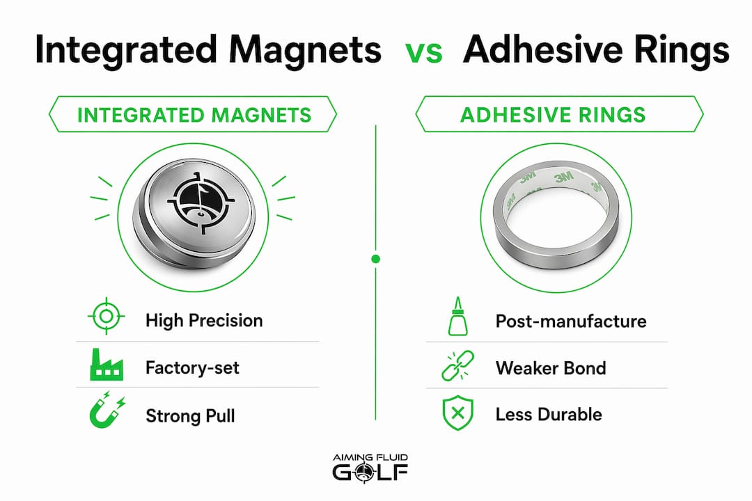Infographic comparing integrated magnets and adhesive rings in golf accessories