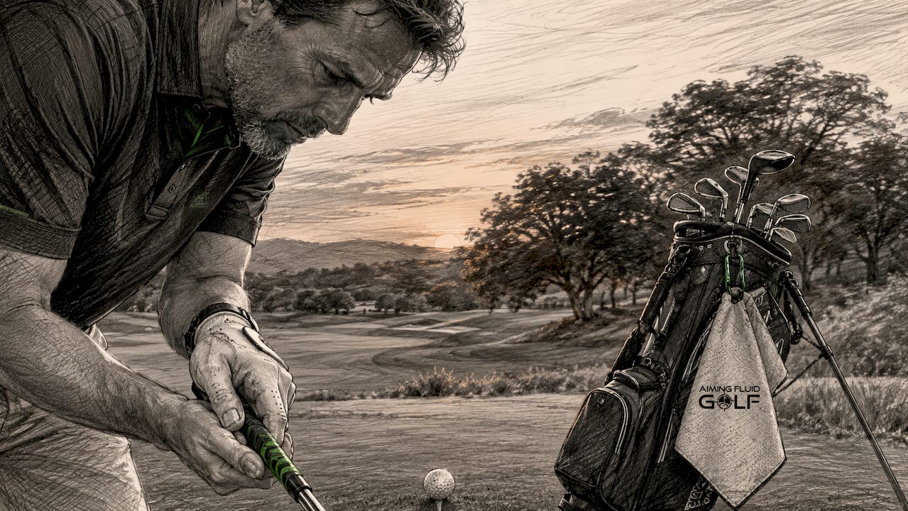 Golfer performing pre-shot routine on tee box