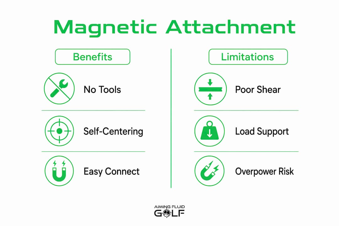 Infographic showing key benefits and limitations of magnetic attachment