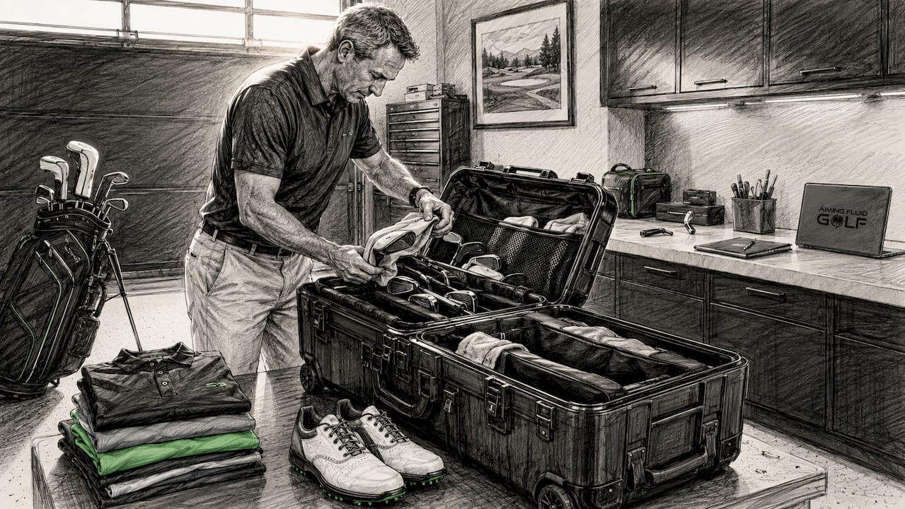 Golfer packing clubs into travel bag