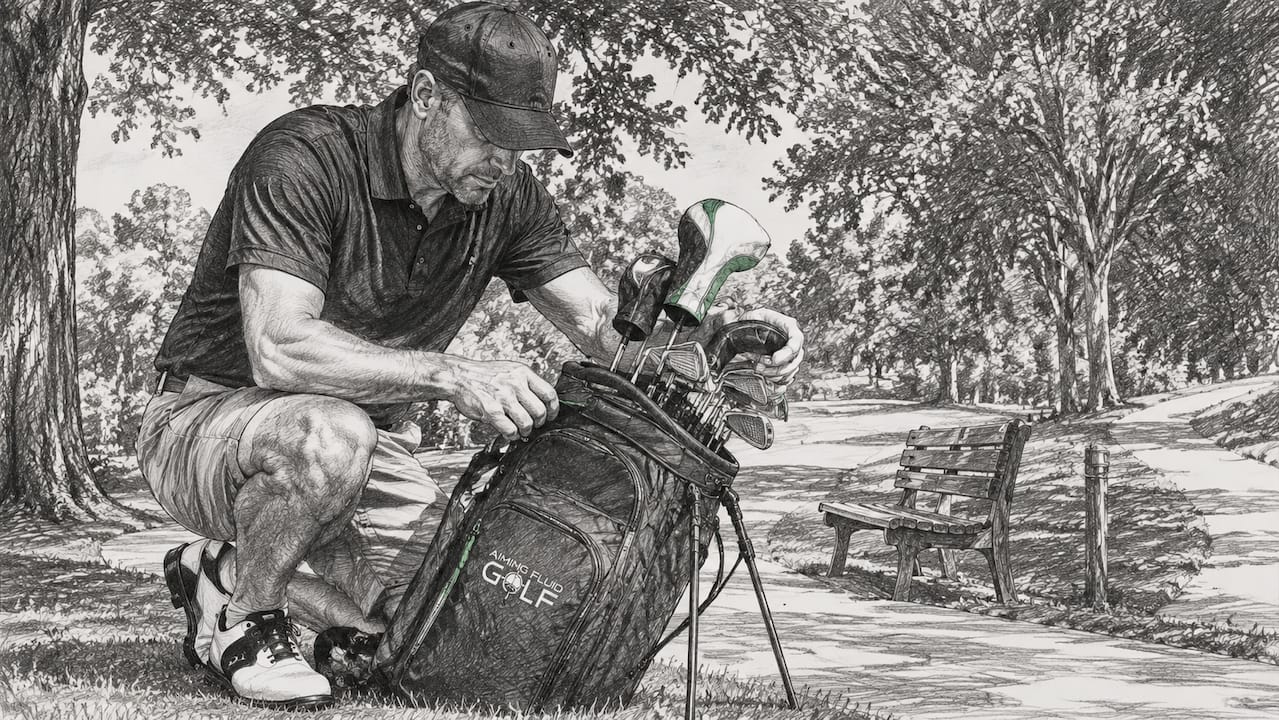 Golfer organizing golf bag clubs outdoors