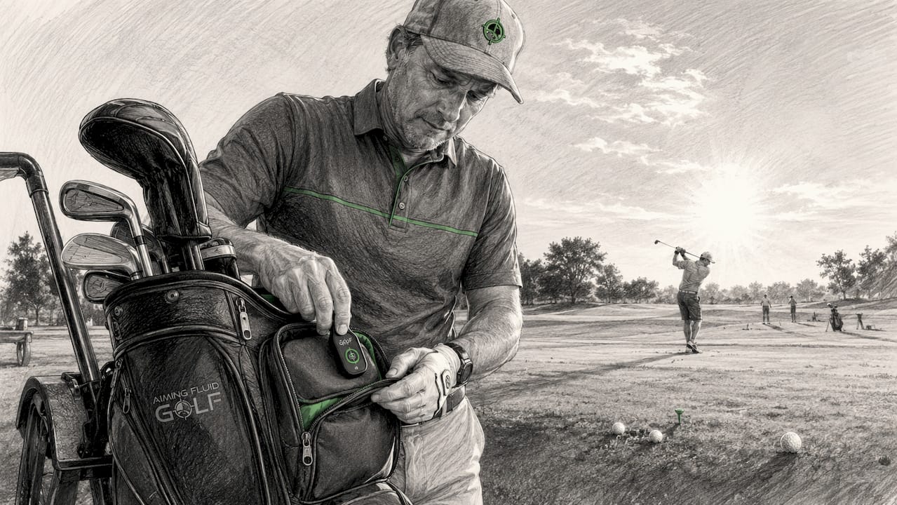 Golfer placing tracking device in golf bag pocket