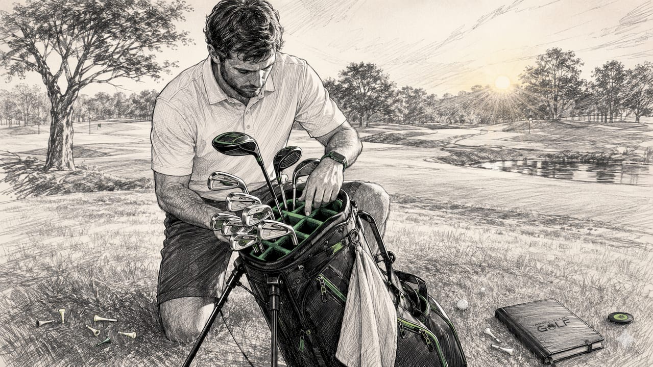 Golfer organizing clubs in golf bag outdoors