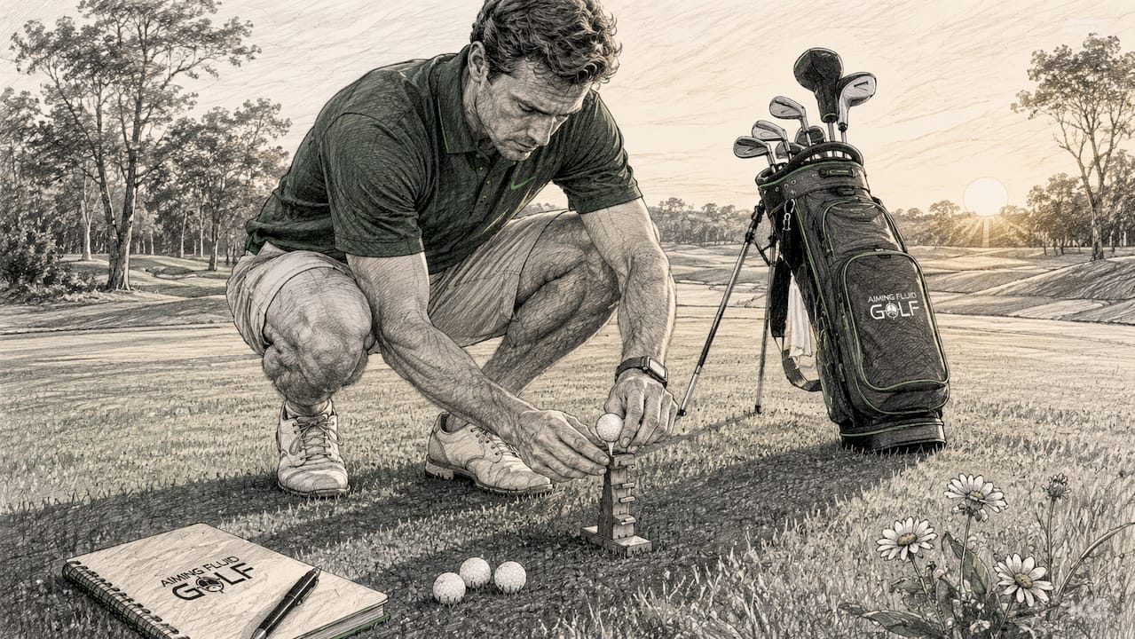 Golfer adjusting tee height precisely on driving range