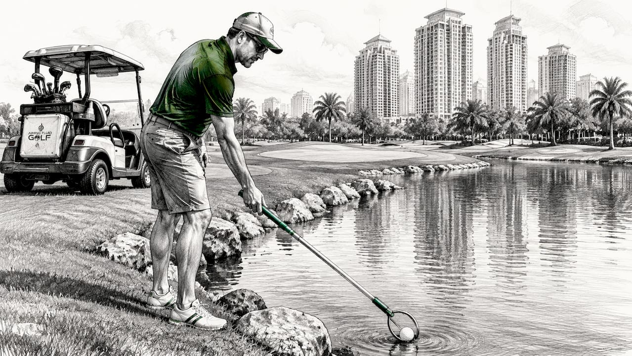 Golfer retrieving ball with telescopic retriever