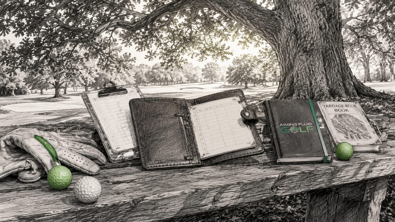 Various golf scorecard organizers on bench