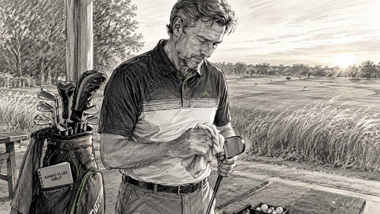Golfer cleaning club near cart outdoors