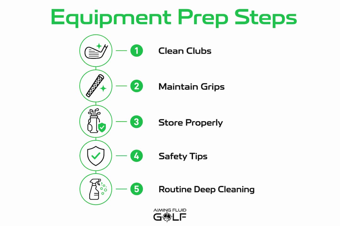Infographic with steps for golf equipment preparation
