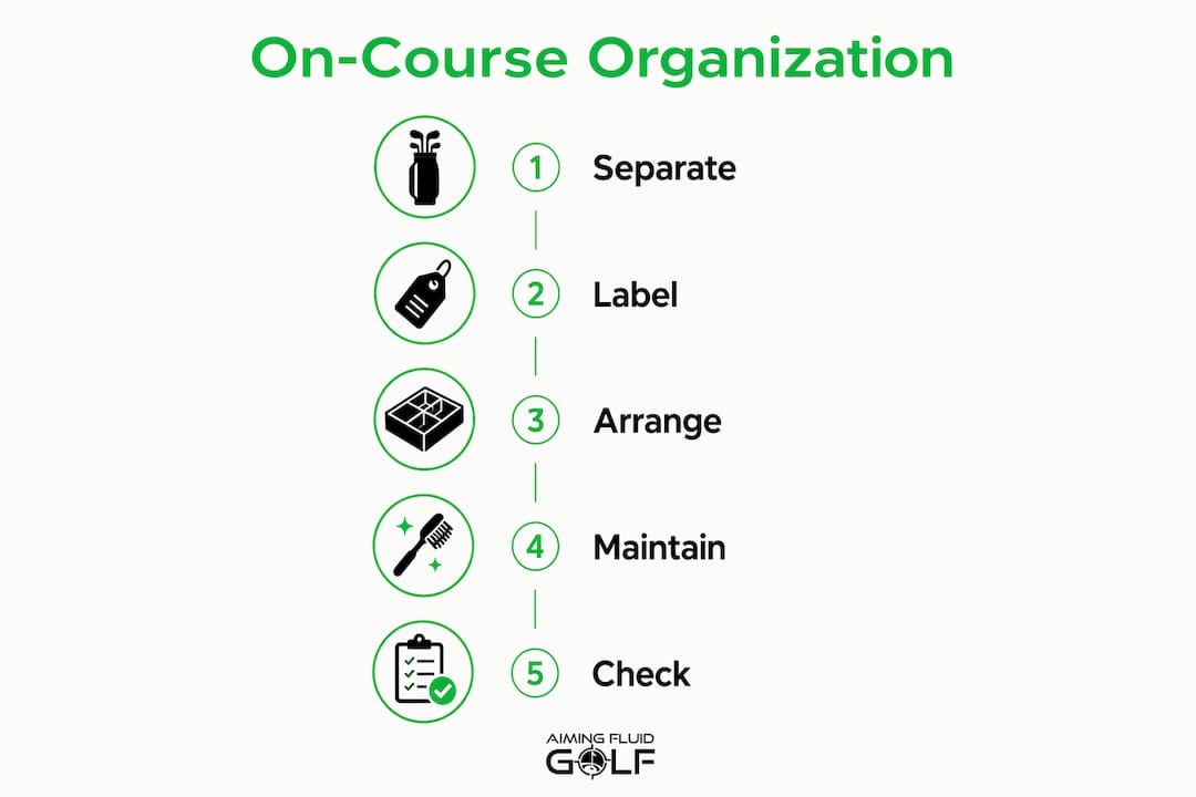 Infographic showing steps to organize golf bag efficiently