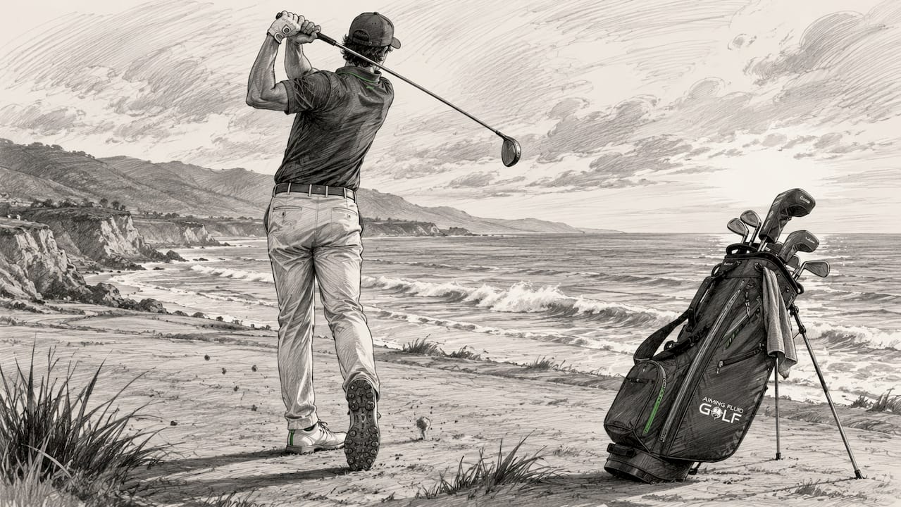 Power golfer mid-swing on golf course