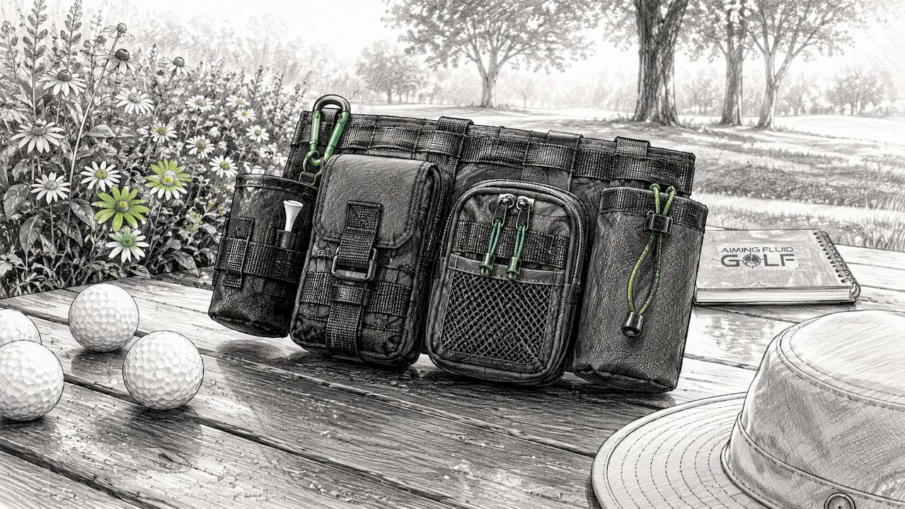 Close-up of golf bag with modular pouches attached
