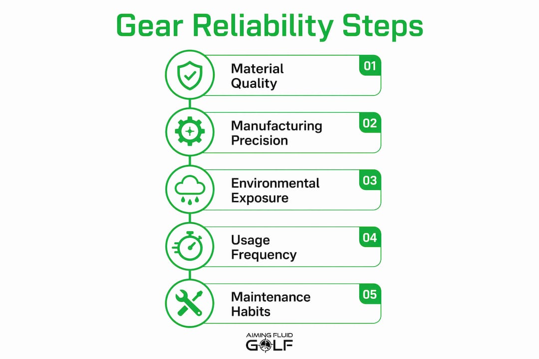 Infographic showing main factors affecting golf gear reliability