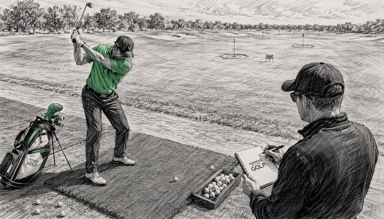 Golfer practicing swing at driving range outdoors