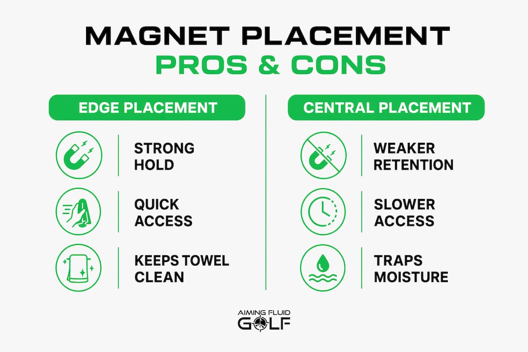 Infographic comparing pros and cons of magnet placement on towels