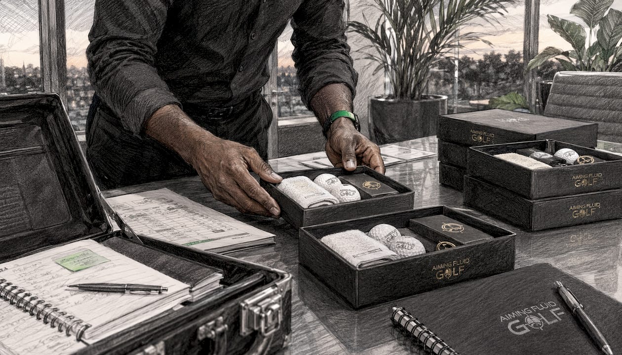 Staff preparing branded golf gift sets for corporate event