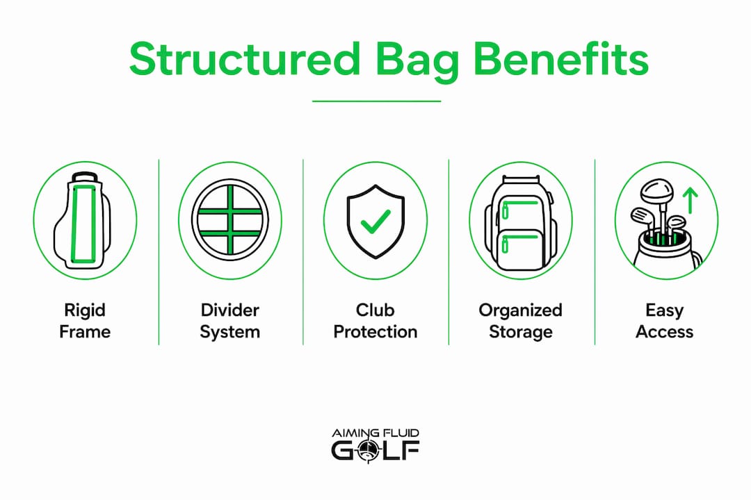 Infographic showing key benefits of structured golf bags