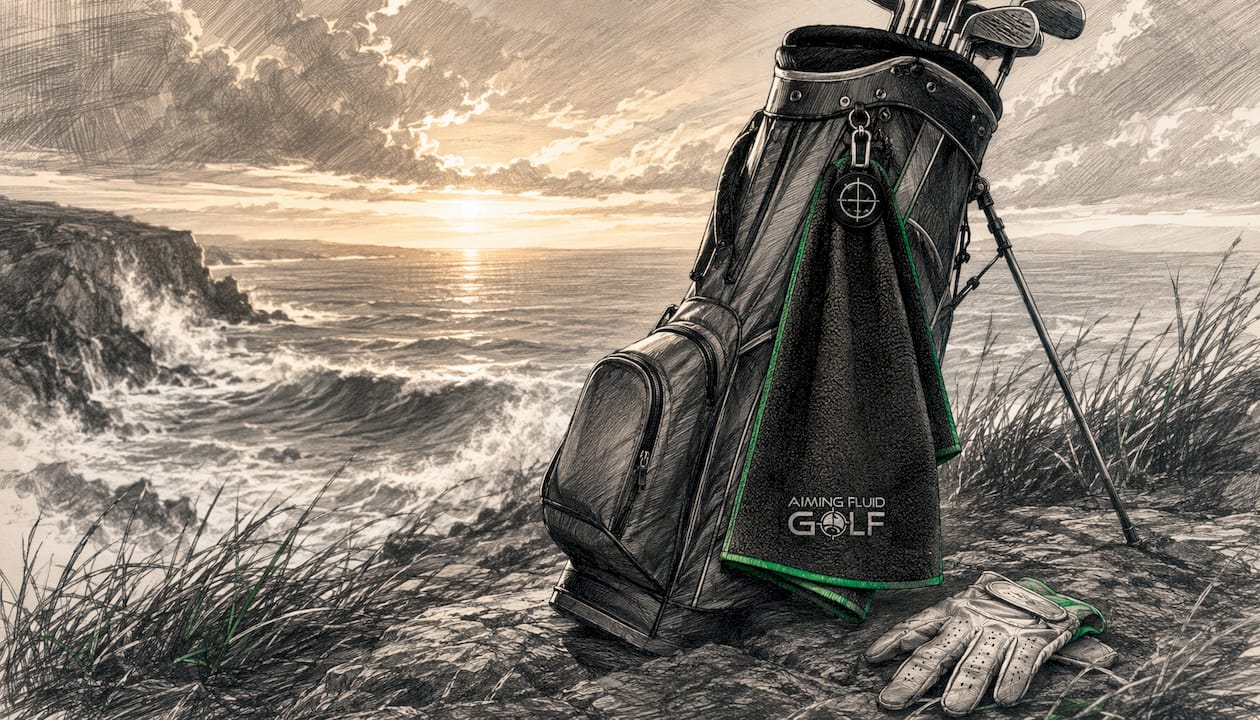 Magnetic golf towel attached on golf bag outdoors