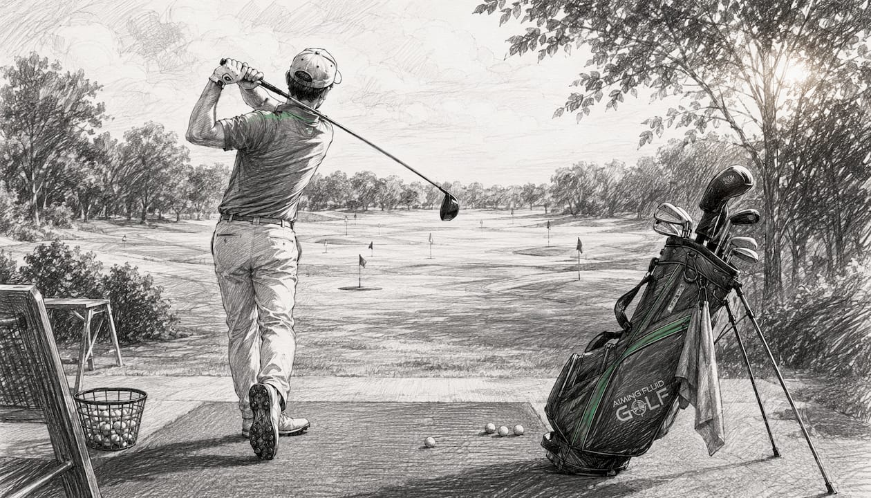 Golfer practicing swings at driving range