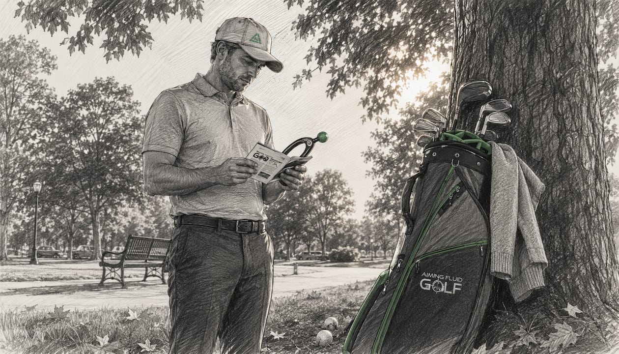 Golfer inspecting swing training aid on course