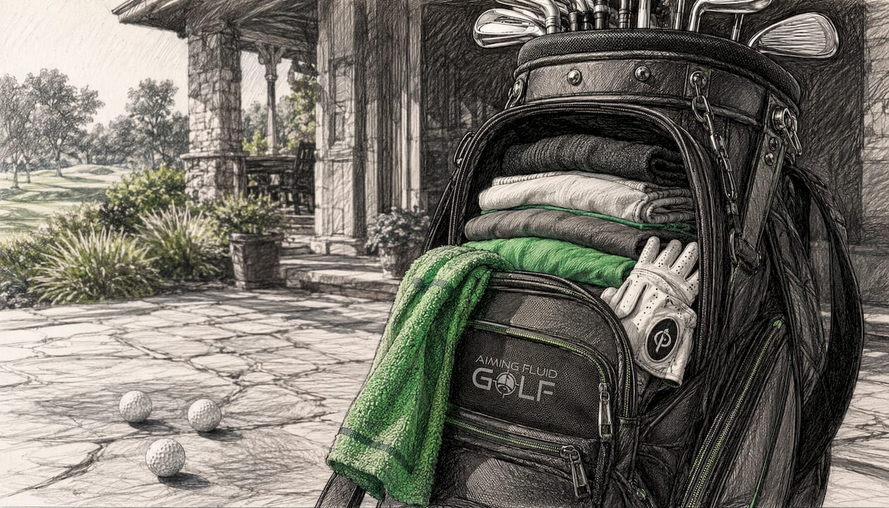 Close-up of golf bag middle zone with apparel and towel