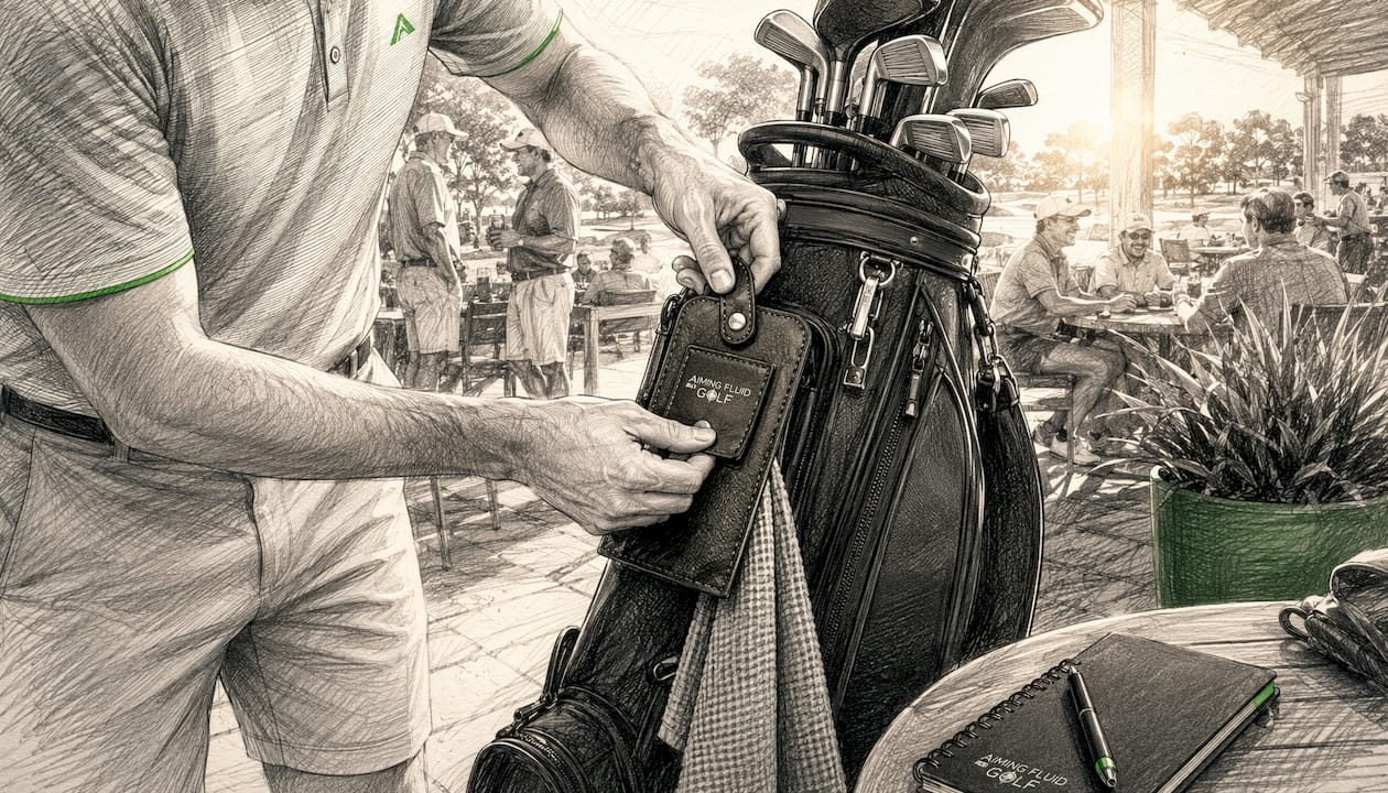 Hands attaching magnetic leather golf towel pouch