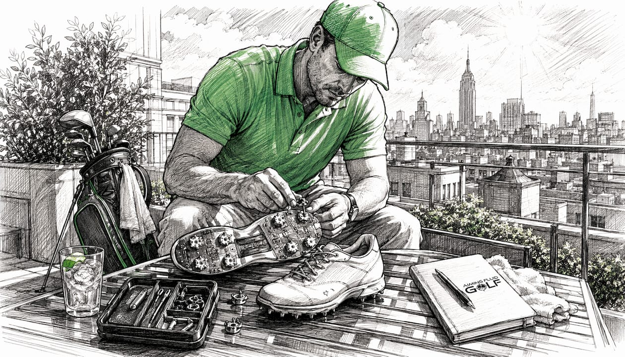 Golfer replacing Softspikes golf cleats outdoors